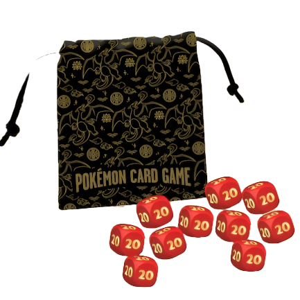 Black drawstring bag with gold Charizard pattern and "Pokémon Card Game" text, beside ten red dice with gold "20"s.