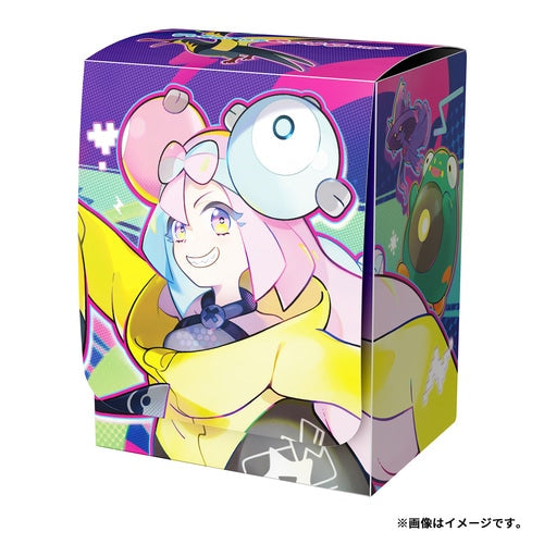 Iono Pokémon deck case featuring colorful anime art, a yellow jacket design, and two dividers for 60-card storage.