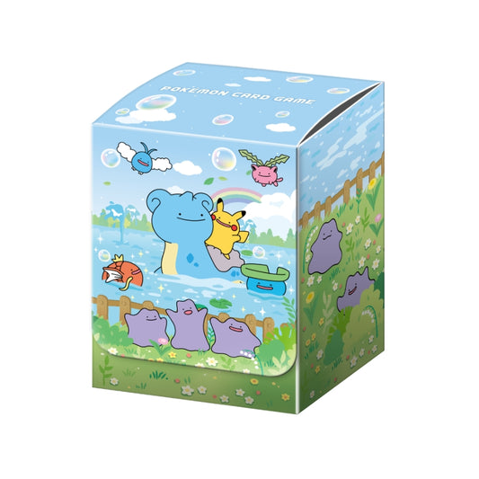 Light blue Pokémon deck case featuring Ditto, Pikachu, and Lapras in a colorful meadow scene with two included dividers.