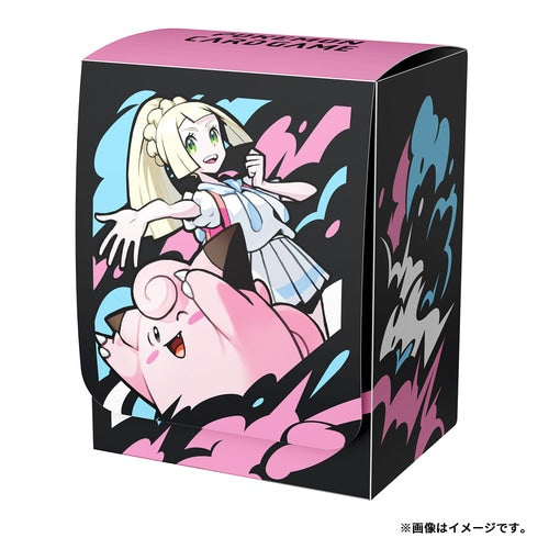 Pokémon deck case featuring Lillie and Clefairy, black and pink polyurethane box with two dividers for 60-card storage.