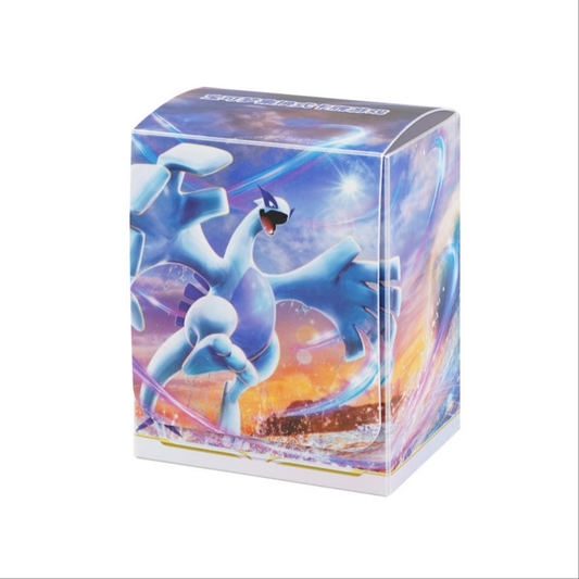 Lugia Pokémon deck case featuring a blue legendary Pokémon design, includes two dividers, and holds 60 sleeved cards.