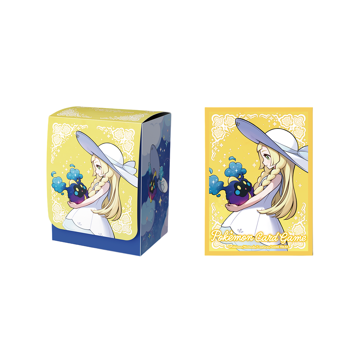 Lillie Pokémon deck case and card sleeves featuring a yellow floral design with Lillie holding Cosmog.