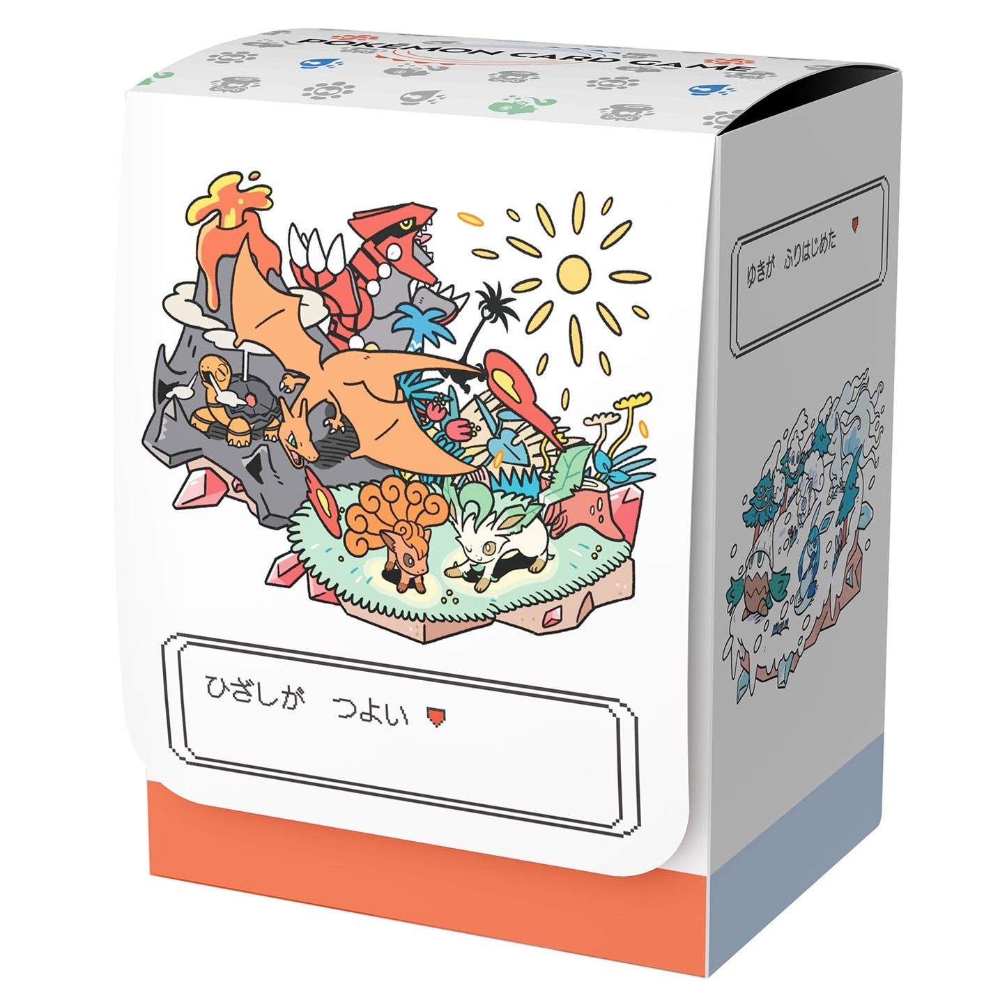 Pokémon Weather Team deck case featuring Groudon, Charizard, and Vulpix illustrations on a white polyurethane box.