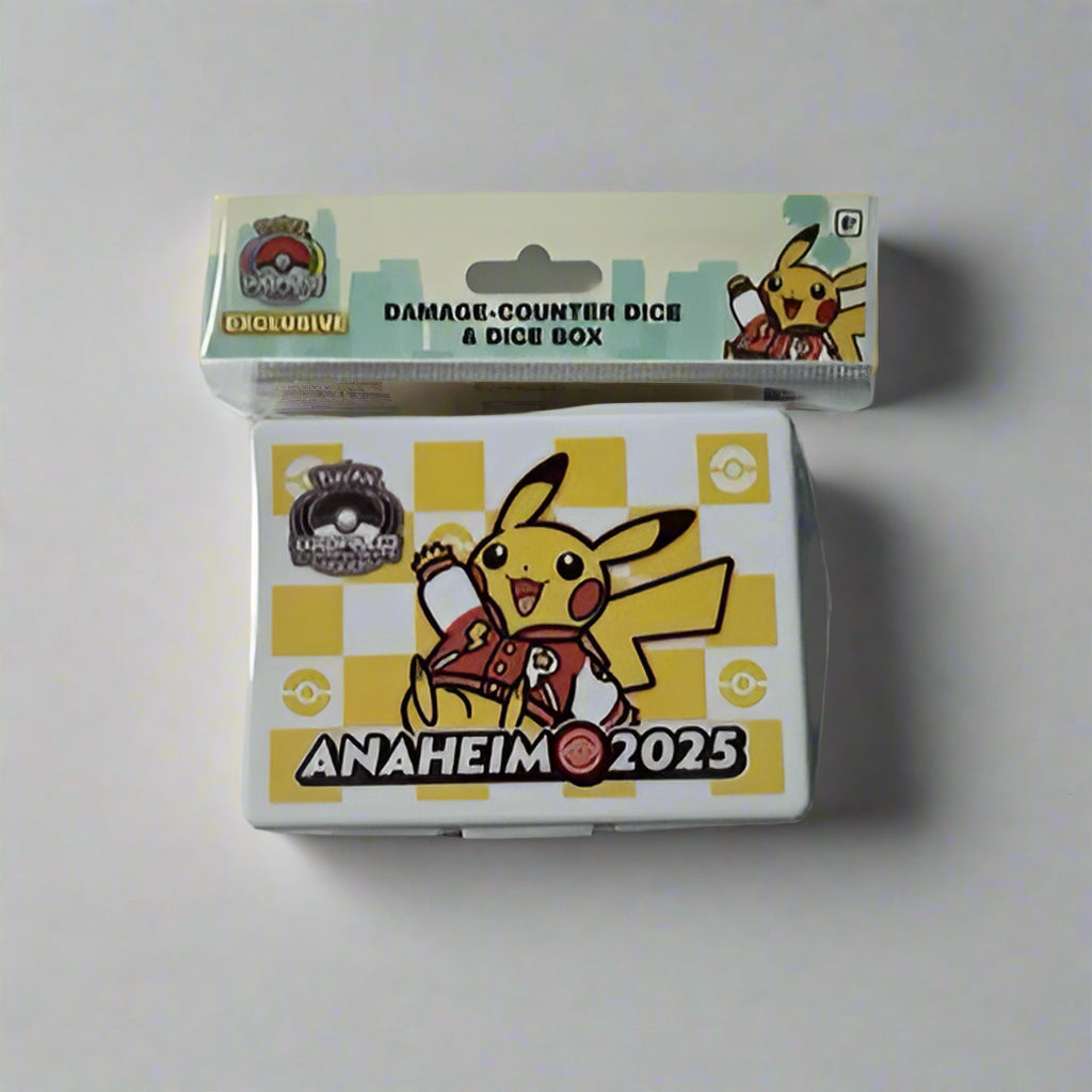 2025 WCS Pikachu damage counter and dice box featuring a yellow and white checkered design with Anaheim 2025 branding.