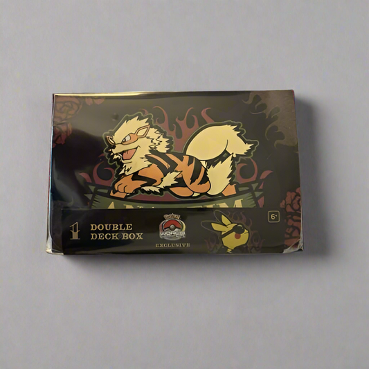 2025 WCS Arcanine double deck case featuring a black and red floral design with a central Arcanine illustration.