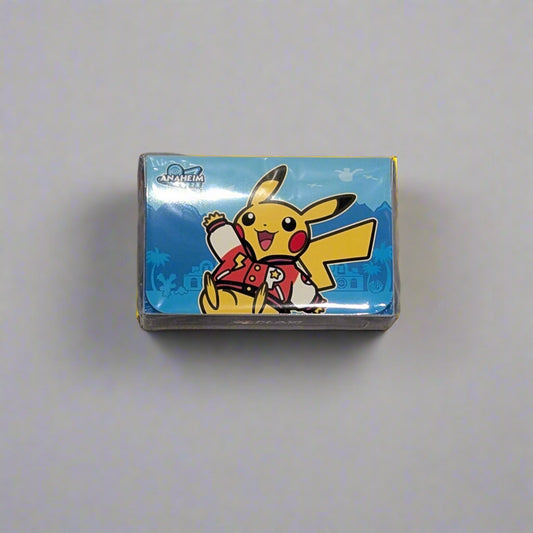 2025 WCS Anaheim Pokémon double deck case featuring Pikachu in a varsity jacket on a blue background.