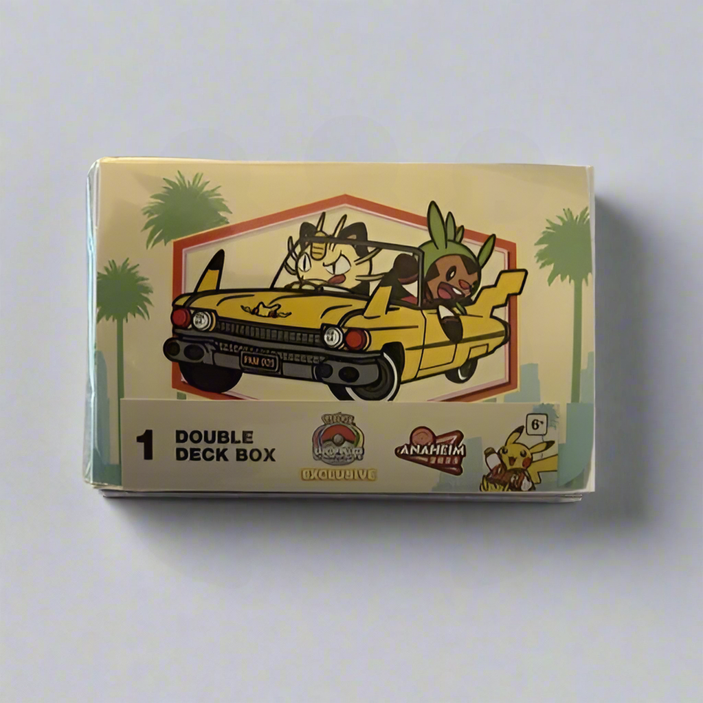 2025 WCS double deck case featuring Meowth and Chespin in a yellow car, with palm tree graphics on a cream background.