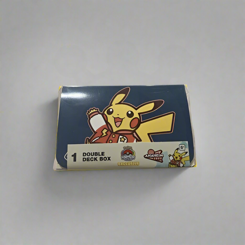 Blue 2025 WCS Pikachu double deck case with a yellow Pikachu illustration, featuring two dividers for organizing card decks.