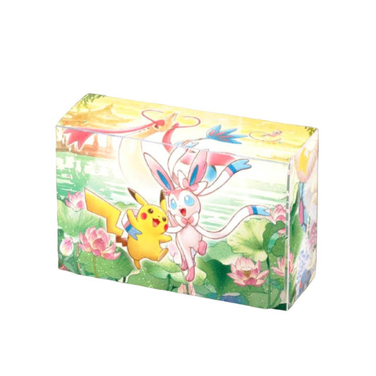 Hangzhou Master League double deck case featuring Pikachu and Sylveon in a colorful lotus pond illustration.