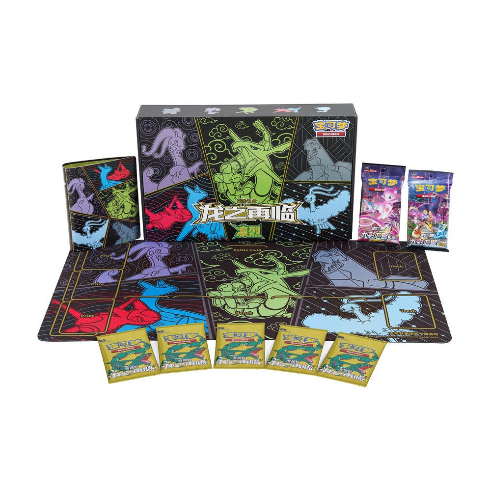 Pokémon Return of the Dragon Collection Box with Rayquaza art, playmat, binder, and booster packs.