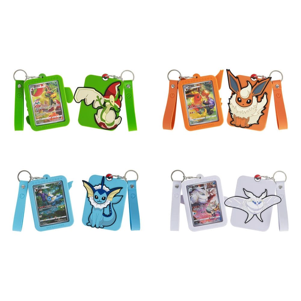 Four sets of Pokémon Eevee blind box displays, each with a silicone card holder and matching Pokémon figure keychain.