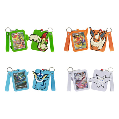 Four sets of Pokémon Eevee blind box displays, each with a silicone card holder and matching Pokémon figure keychain.