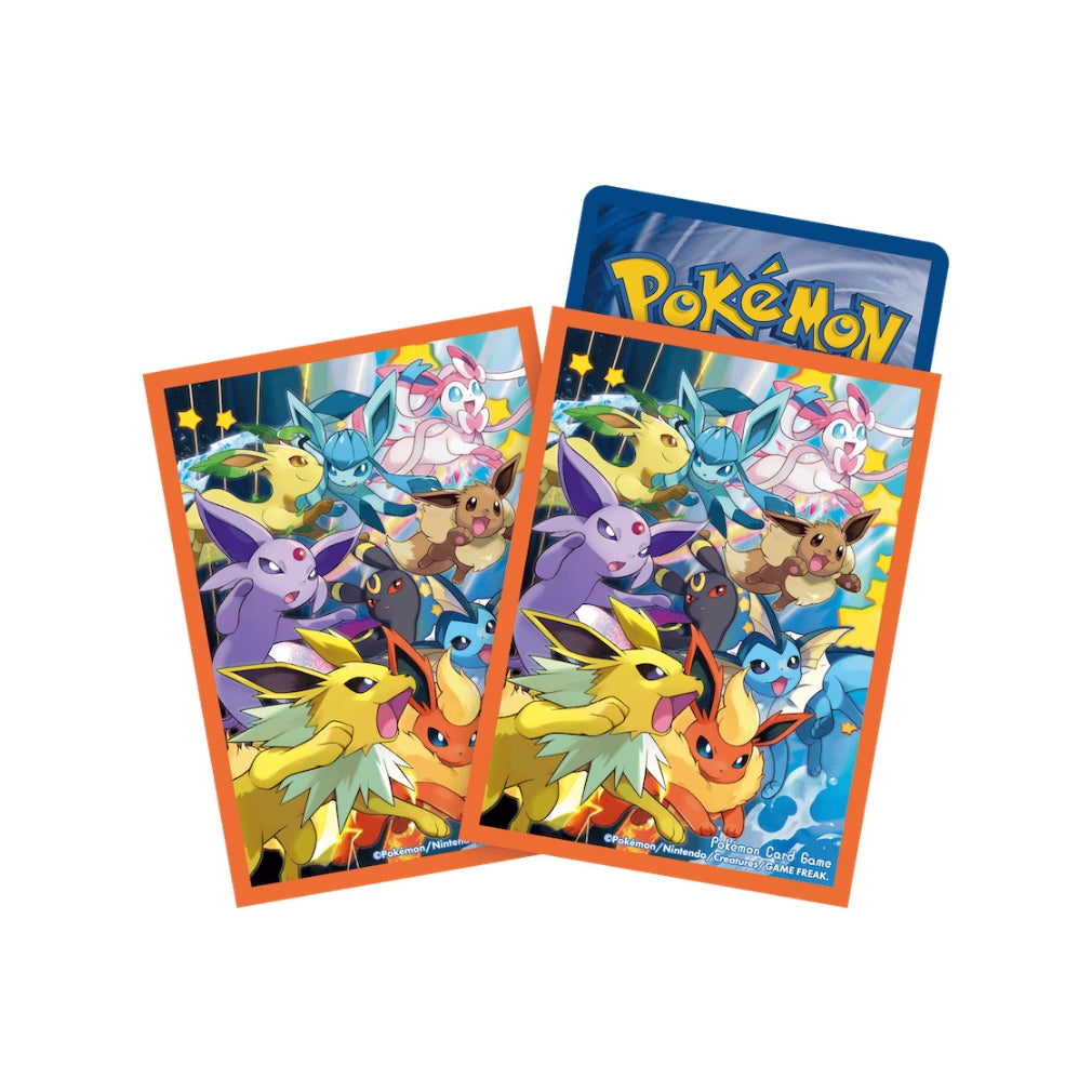 Pokémon card sleeves featuring a colorful illustration of Eevee and its evolutions with orange borders.