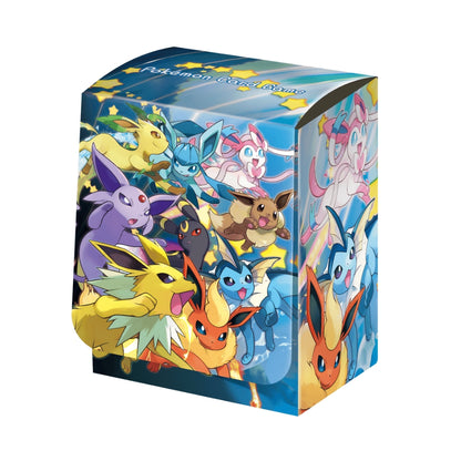 Blue Pokémon card deck case featuring Eevee and its evolutions with colorful star accents and a glossy finish.