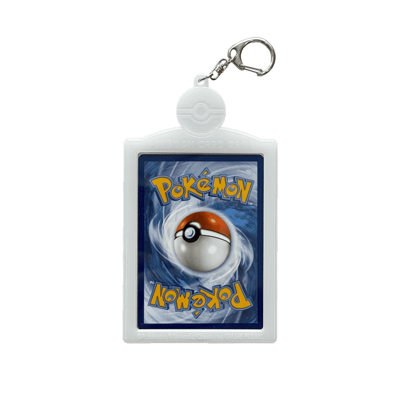 Pokémon card keychain featuring a protective white plastic case with a Poké Ball emblem and a metal swivel clasp.