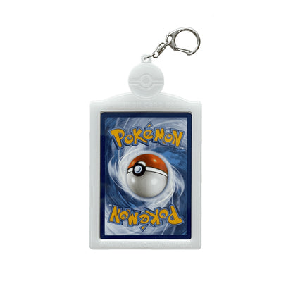 Pokémon card keychain featuring a protective white plastic case with a Poké Ball emblem and a metal swivel clasp.
