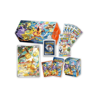 Pokémon Eevee Family Special Set featuring a promo card, storage box, deck case, card sleeves, keychain, and booster packs.