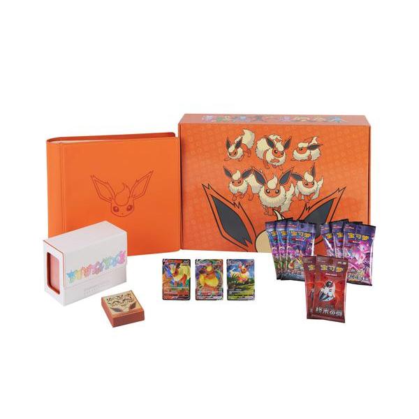Orange Pokémon Eeveelution Advanced Collection Box with binder, booster packs, and Vaporeon, Jolteon, Flareon cards.
