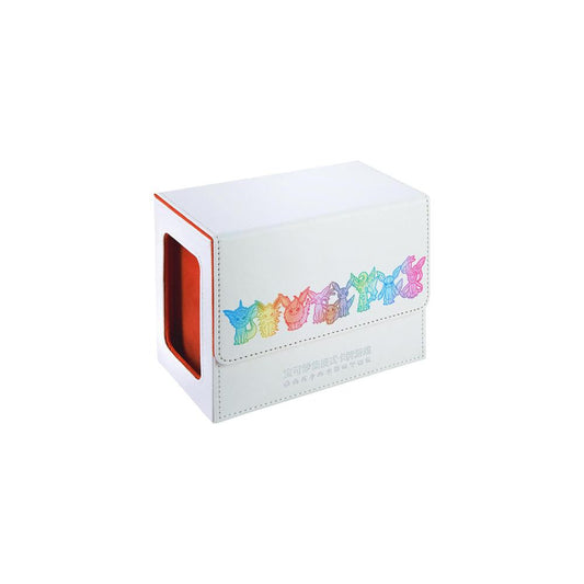 White polyurethane Pokémon flip deck case featuring colorful Eeveelution character illustrations and a magnetic closure.