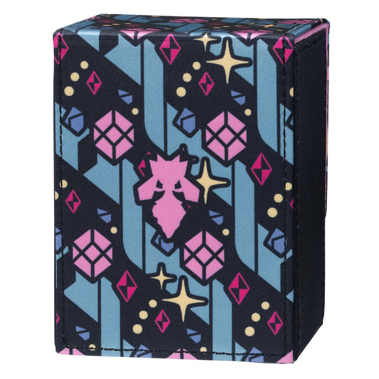 Mega Diancie Pokémon flip deck case in black, blue, and pink with a geometric crystal pattern and magnetic closure.