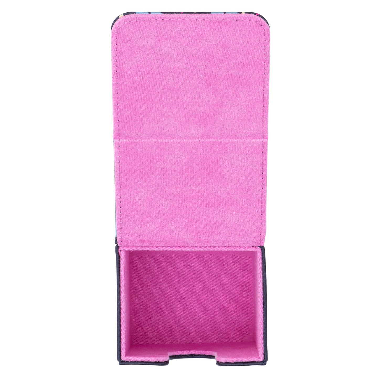 Mega Diancie Pokémon flip deck case in open position, featuring a vibrant pink interior, durable polyurethane material, and magnetic lid.