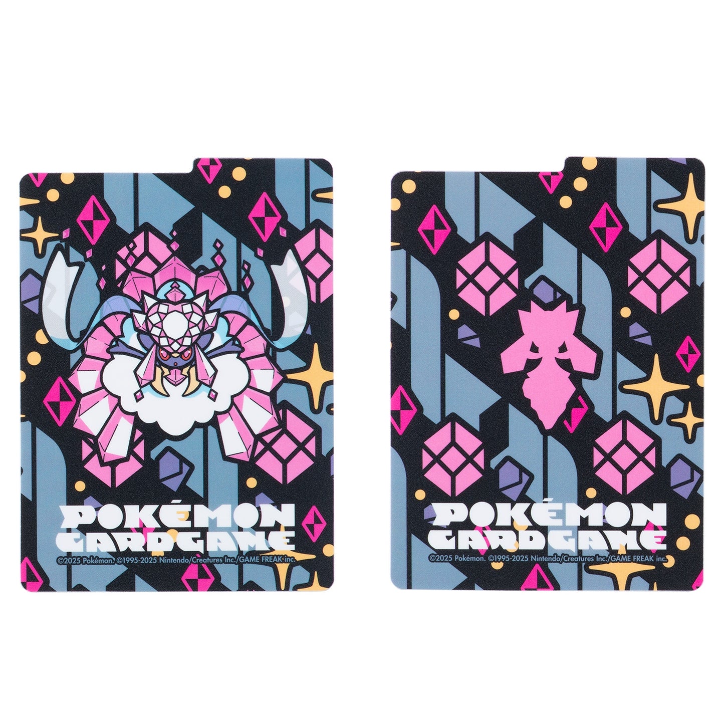 Mega Diancie Pokémon flip deck case featuring a geometric, pink and blue patterned design with two included card dividers.