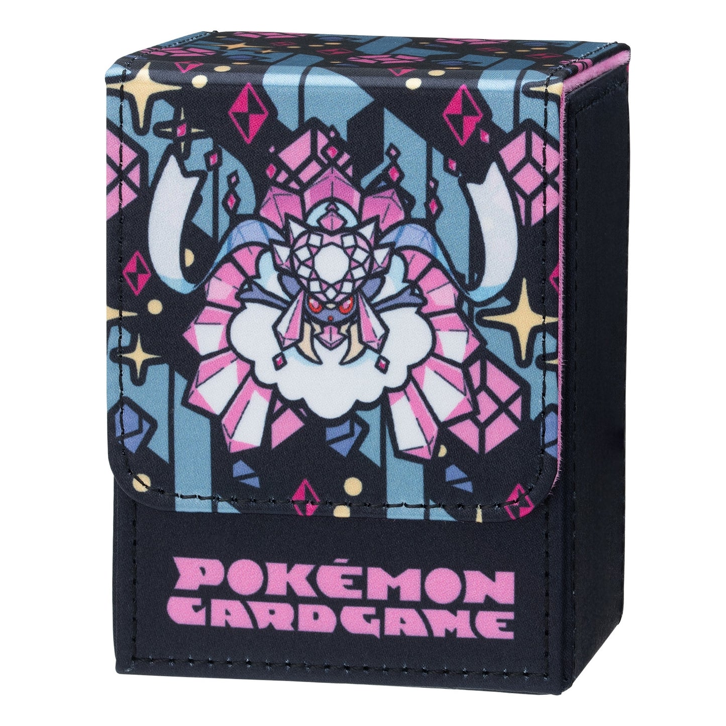 Mega Diancie Pokémon flip deck case in black polyurethane with pink logo and colorful crystal-themed character artwork.