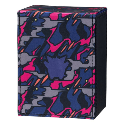 Mega Gengar flip deck case in purple, pink, and blue patterned polyurethane with a magnetic closure for card storage.