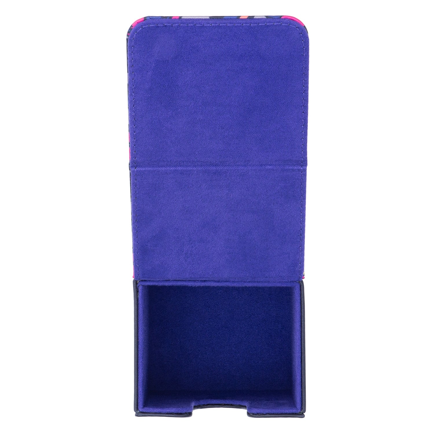 Open Mega Gengar Pokémon flip deck case in purple polyurethane with a magnetic closure and spacious interior.