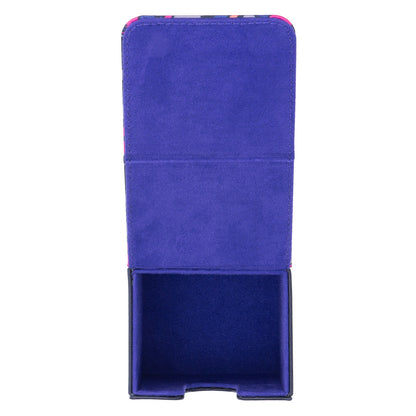 Open Mega Gengar Pokémon flip deck case in purple polyurethane with a magnetic closure and spacious interior.