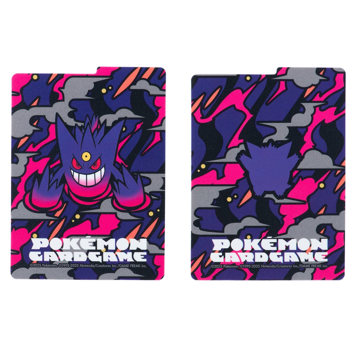 Mega Gengar Pokémon flip deck case featuring a purple, pink, and black abstract design with a magnetic closure.