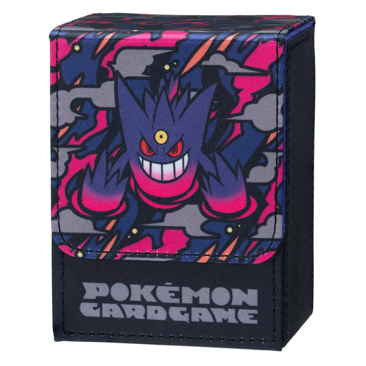 Mega Gengar flip deck case in black polyurethane with a vibrant purple, pink, and blue graphic and magnetic closure.