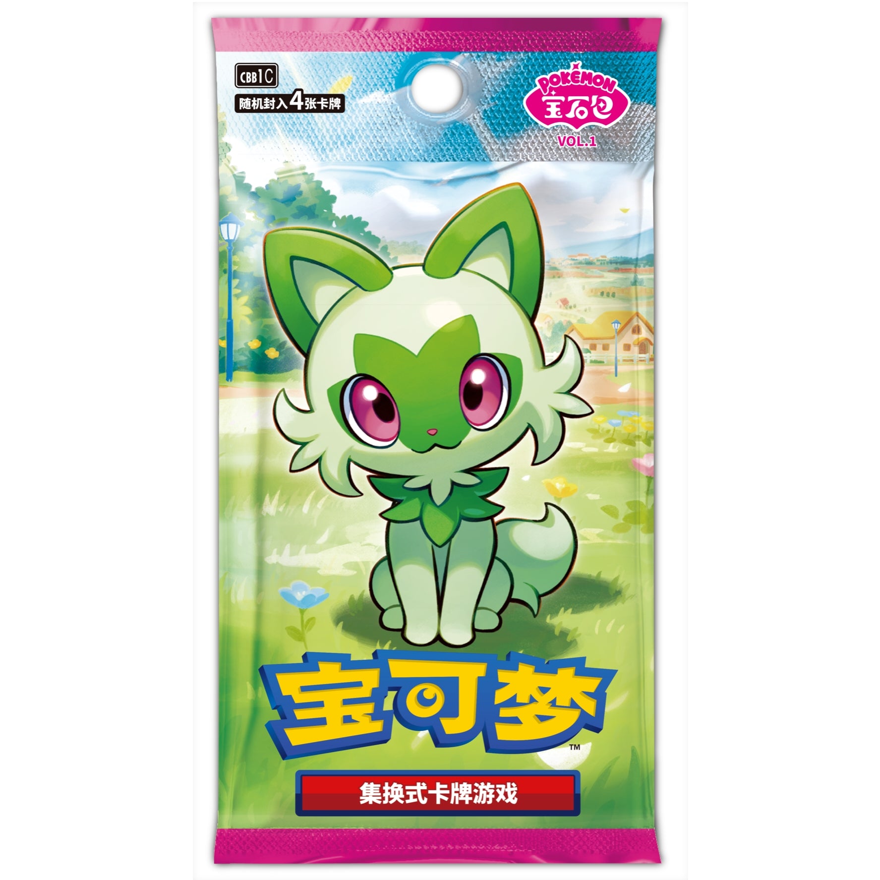 Pokémon Gem Pack Vol.1 booster pack featuring Sprigatito on a green meadow background with pink top and bottom trim.