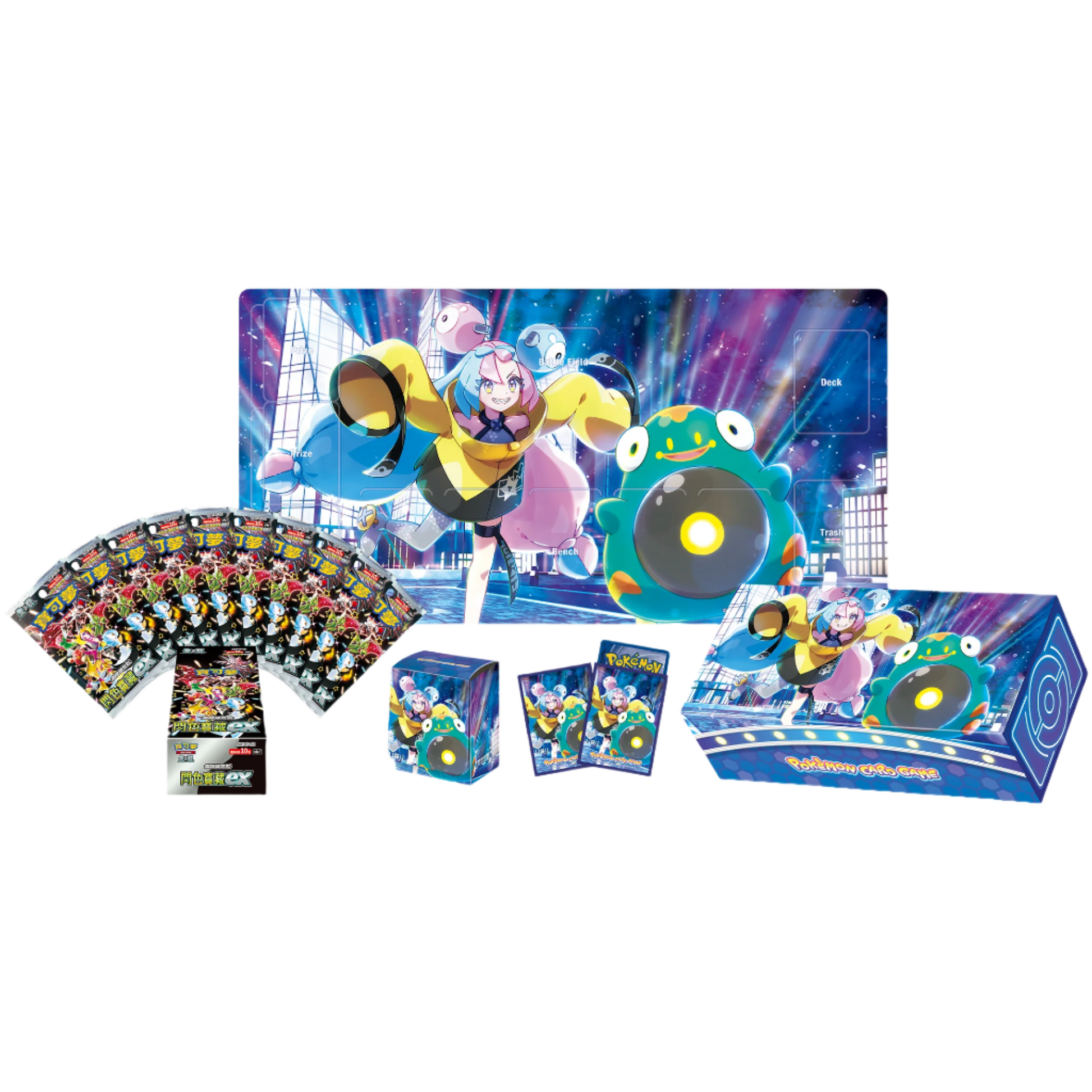 Pokémon Iono Special Set with playmat, deck case, storage box, card sleeves, and booster packs.