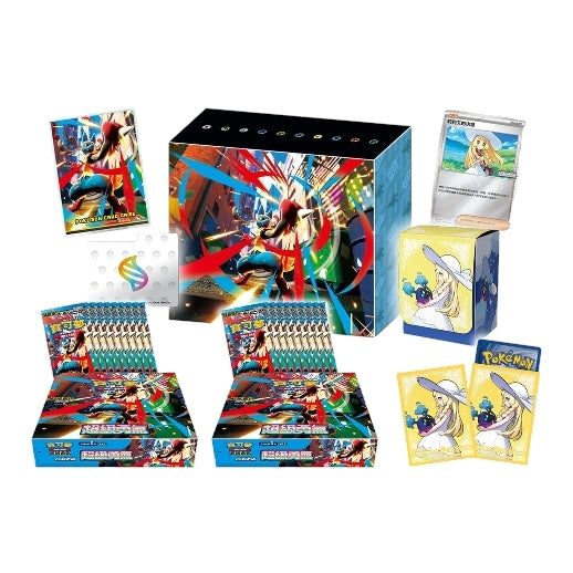 Pokémon Mega Brave Special Collection featuring Lillie deck box, sleeves, storage case, Mega Lucario frame, and booster boxes.