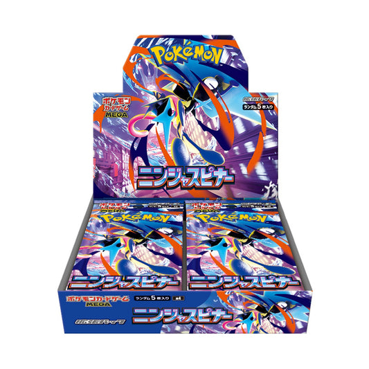 Japanese Pokémon Mega Evolution Ninja Spinner booster box featuring vibrant blue and purple artwork with Greninja.