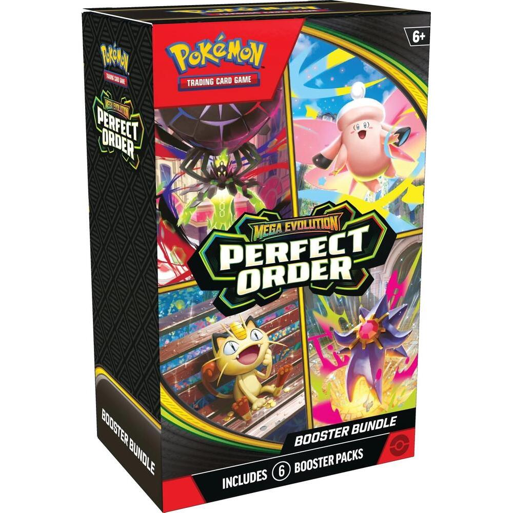 Pokémon TCG Mega Evolution Perfect Order booster bundle box featuring Mega Zygarde, Clefable, and Meowth artwork.