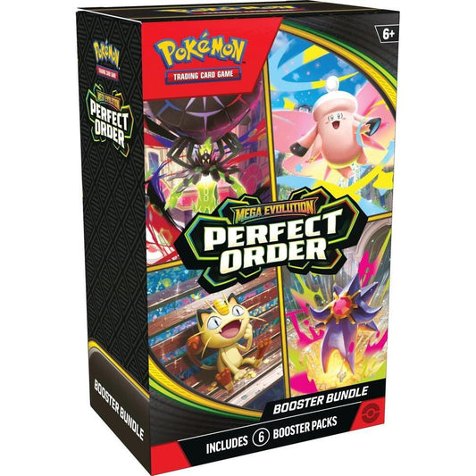 Pokémon TCG Mega Evolution Perfect Order booster bundle box featuring Mega Zygarde, Clefable, and Meowth artwork.