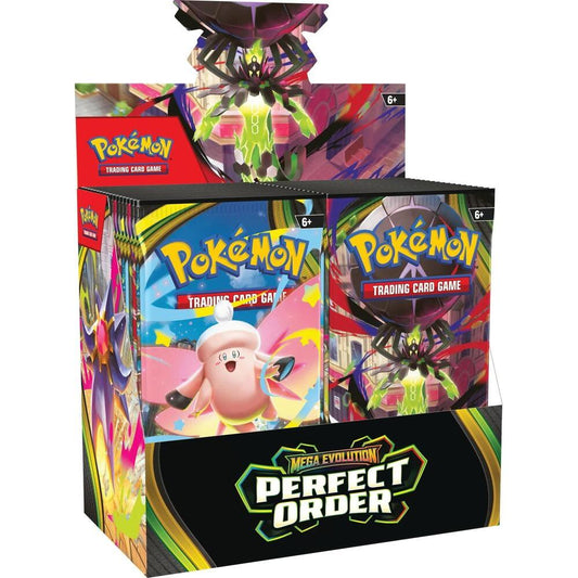 Pokémon Mega Evolution Perfect Order booster display box featuring Mega Zygarde and Mega Clefable artwork.