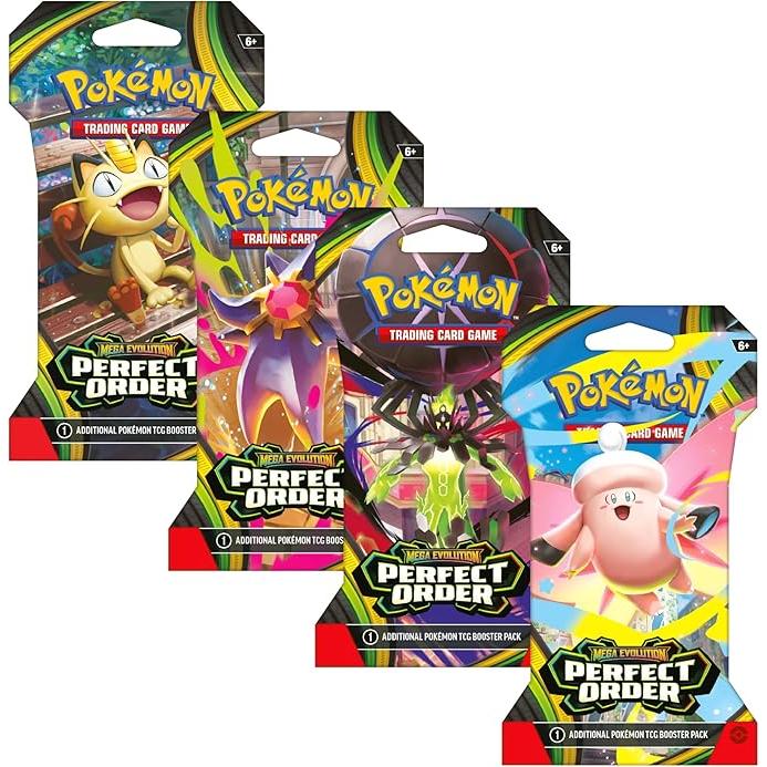 Four colorful Pokémon Mega Evolution Perfect Order sleeved booster packs featuring Meowth, Starmie, Zygarde, and Clefable.