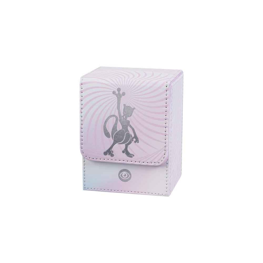 Pink and white Pokémon Mewtwo VSTAR deck box with a holographic Mewtwo illustration and spiral design.