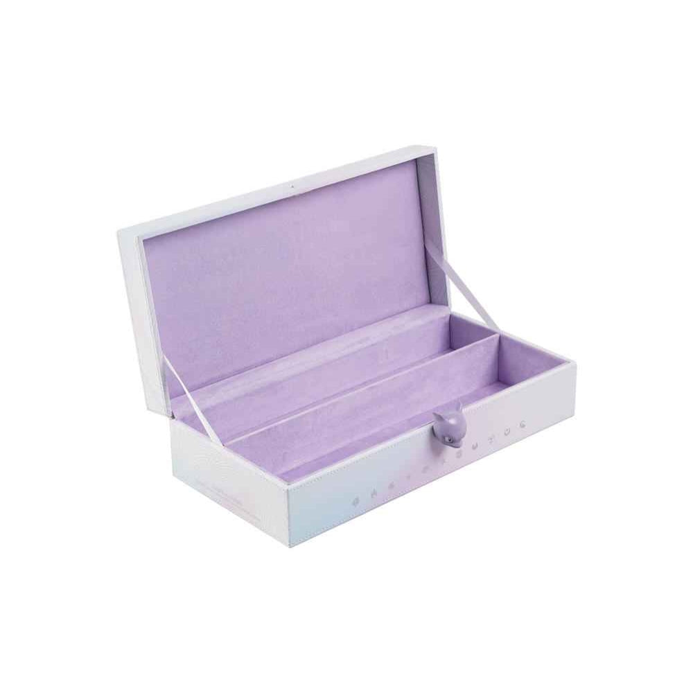 Open iridescent white storage box with a purple felt interior and two compartments.
