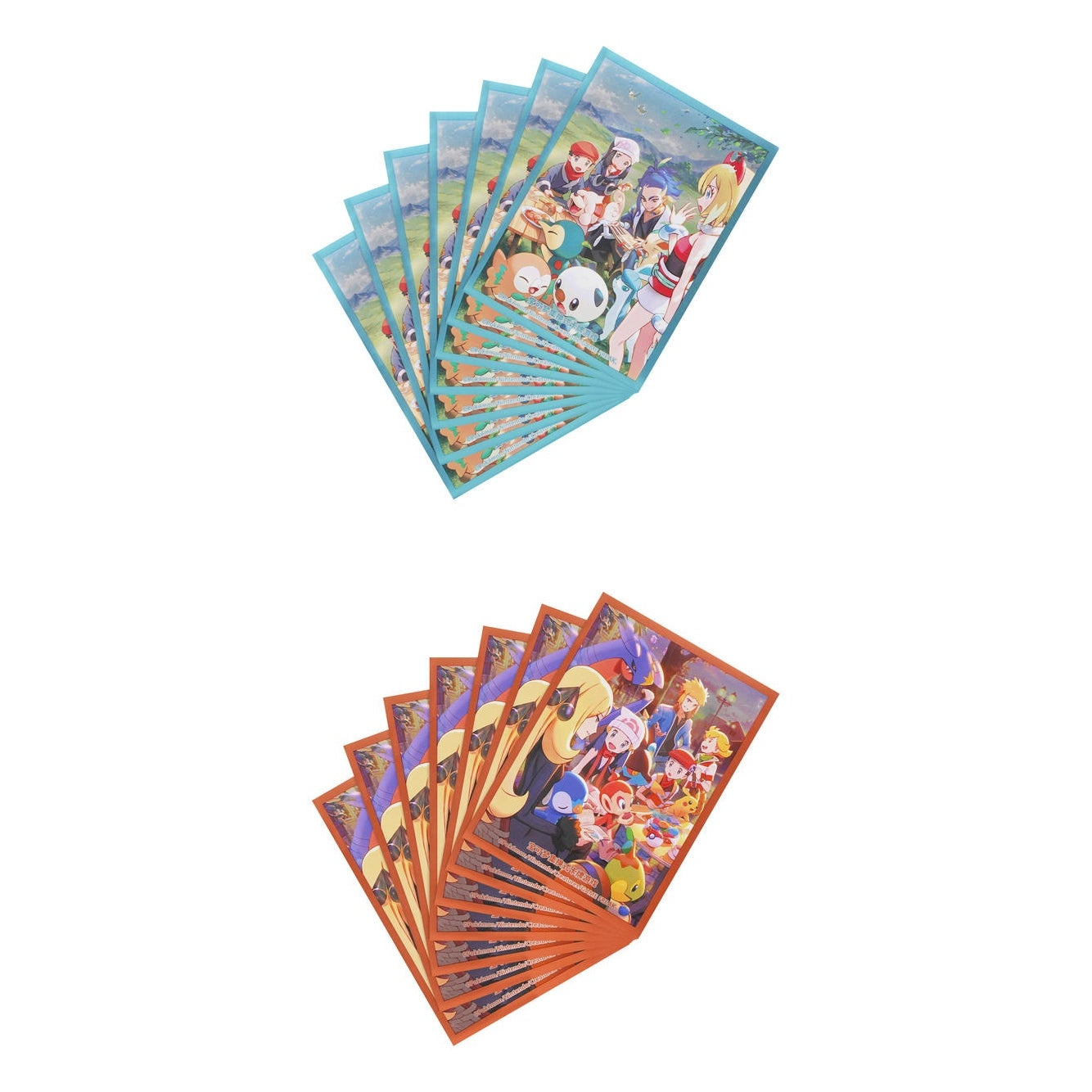 Two stacks of Pokémon card sleeves, one light blue with Sinnoh partners, one orange with Hisui partners.