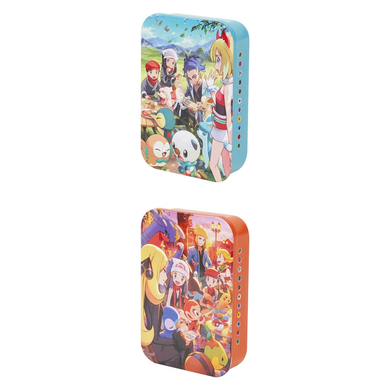 Two rectangular Pokémon Partners' Gathering metal tins: one light blue with Sinnoh characters, one orange with Hisui characters.