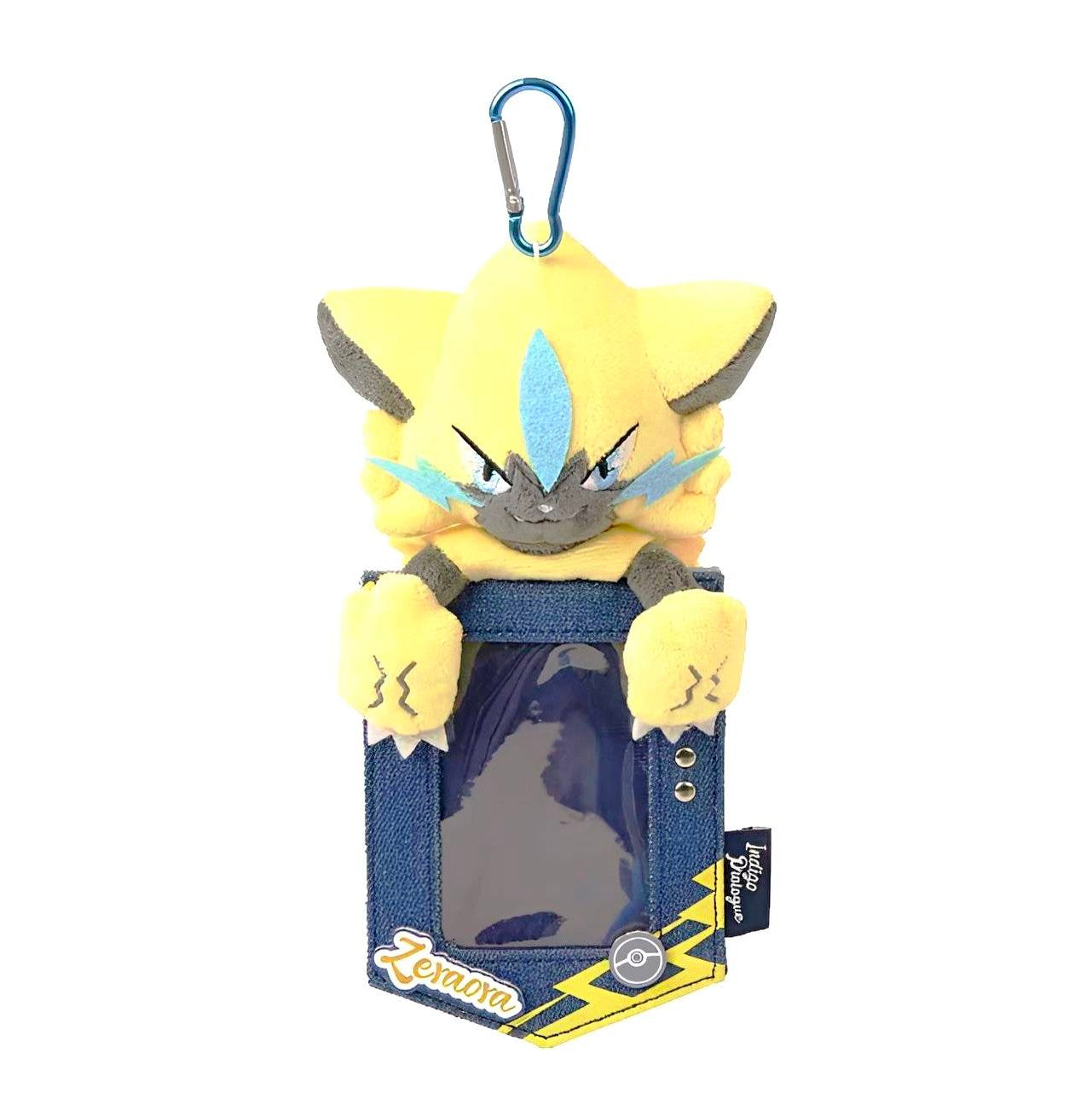 Zeraora plush card holder keychain with a blue denim display sleeve, yellow lightning accents, and a metal carabiner.