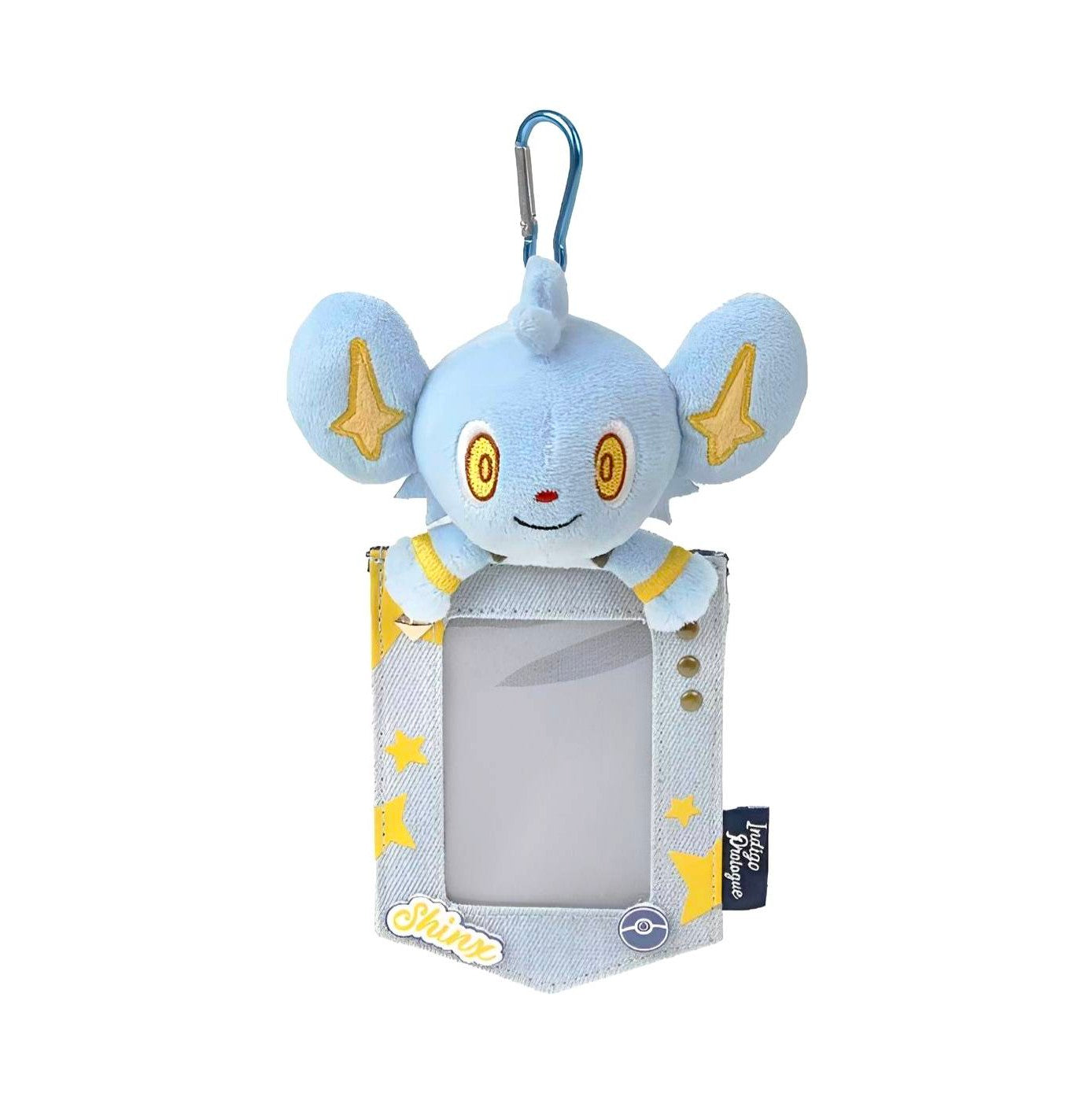 Shinx plush keychain with a light blue denim-style Pokémon card holder featuring yellow star accents and a carabiner.
