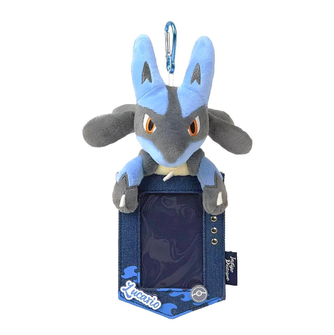 Lucario plush keychain with a blue denim Pokémon card display holder featuring a clear window and carabiner clip.