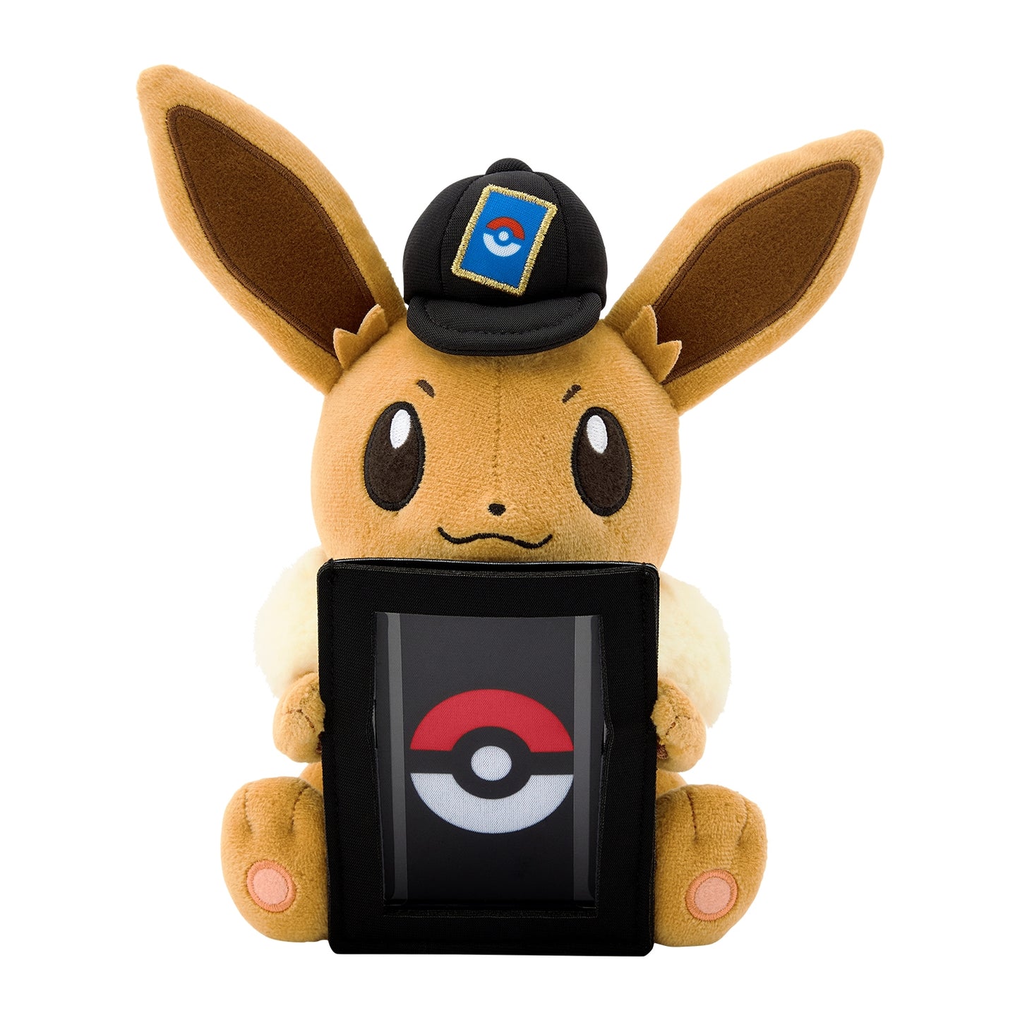 Soft brown Eevee plush card stand wearing a black cap and holding a black display frame with a Poké Ball design.
