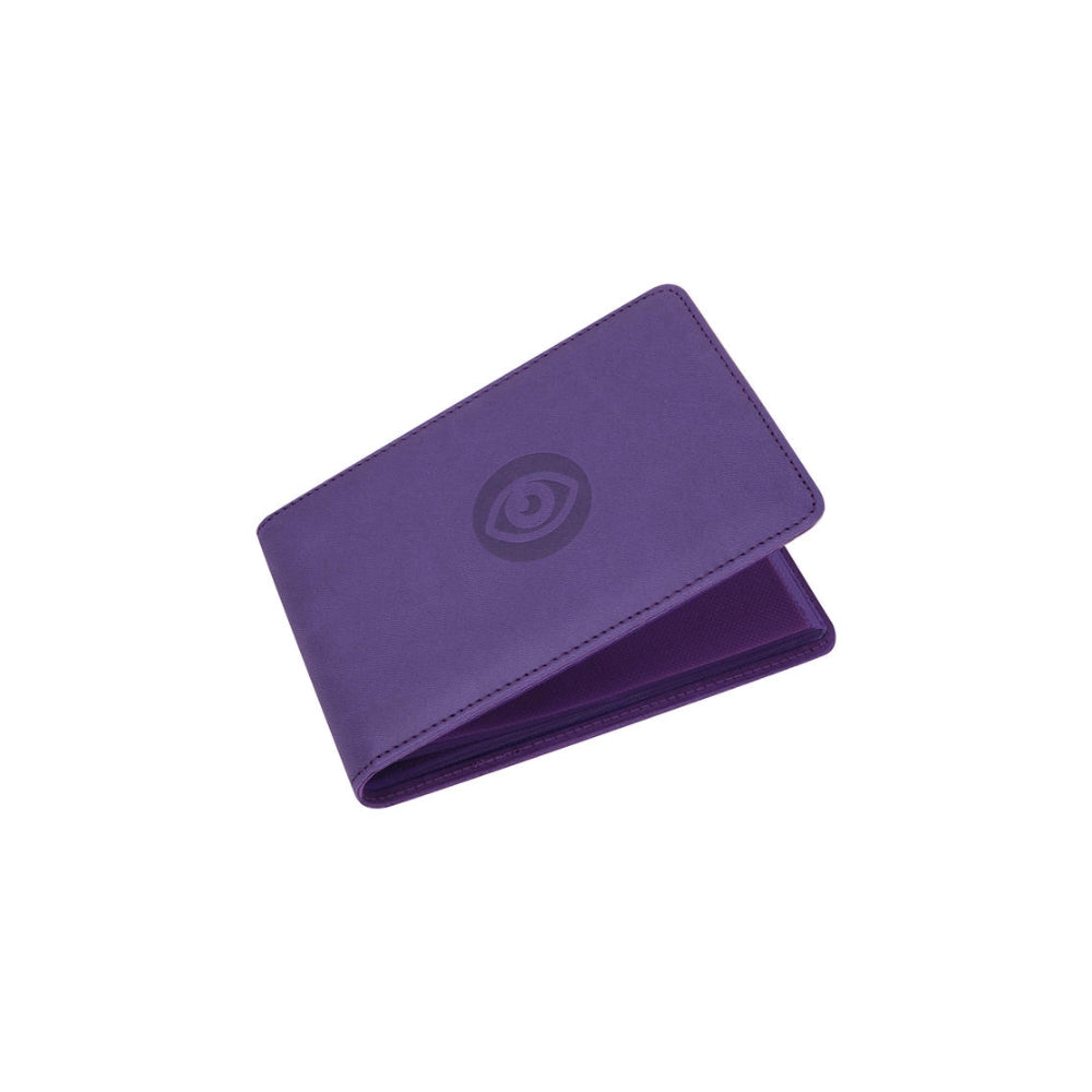 Purple Pokémon Radiant Energy mini binder featuring a Psychic-type symbol, designed to hold up to 64 trading cards.