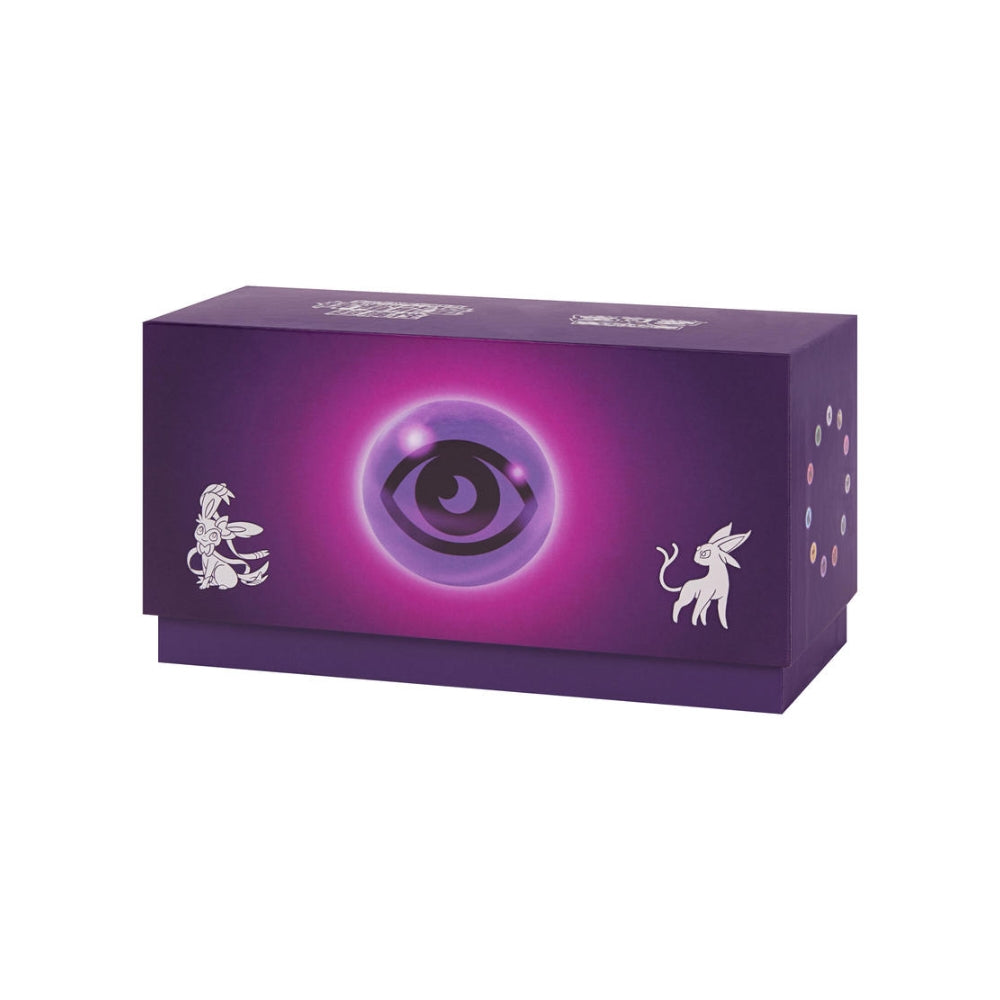 Purple Pokémon Radiant Energy storage box featuring a Psychic energy symbol, Sylveon and Espeon illustrations, and a side icon.